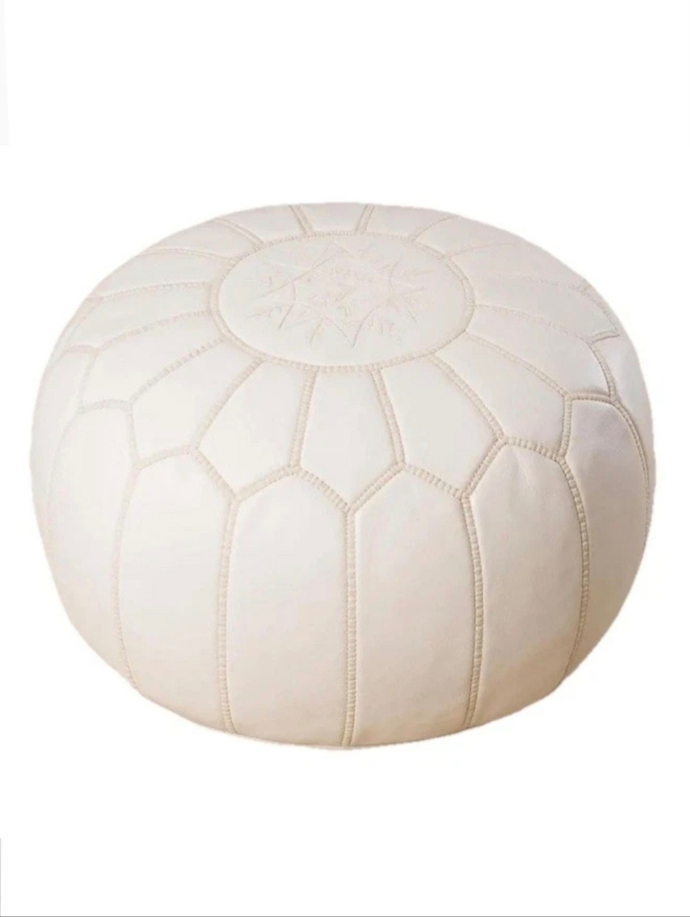 Premium Moroccan Leather Pouf Ottoman round white, Unstuffed